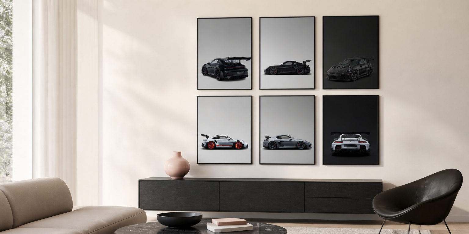 Salon minimaliste avec mur de posters voitures PLOK, sans texte