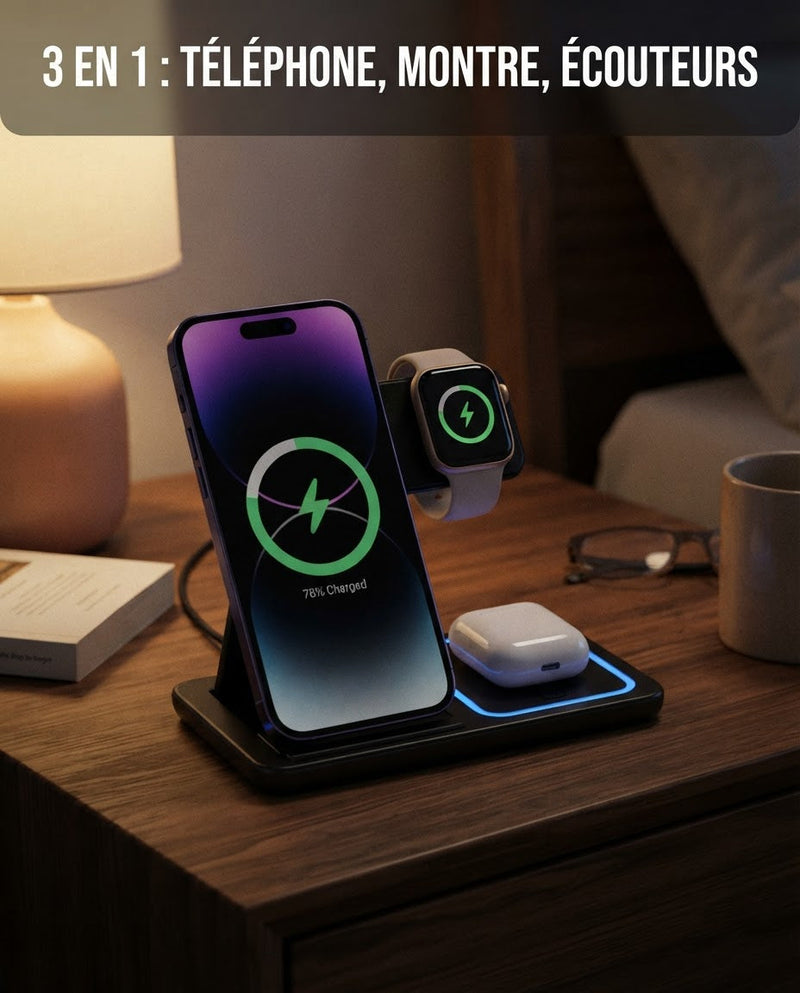 Station de charge sans fil 3-en-1 PLOK avec telephone, montre et ecouteurs